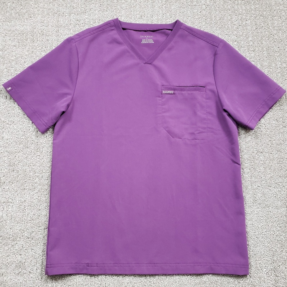 Jaanuu Scrub Top Mens S Purple V-Neck Chest Pocket Medical Uniform Nursing